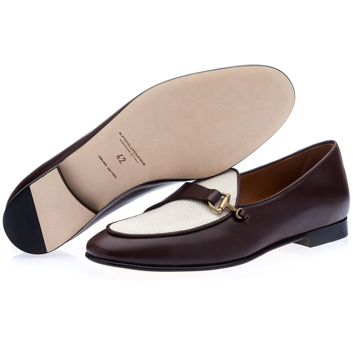 SUPERGLAMOUROUS Rete Men's Shoes White & Cocoa Canvas / Calf-Skin Leather Belgian Loafers (SPGM1329)