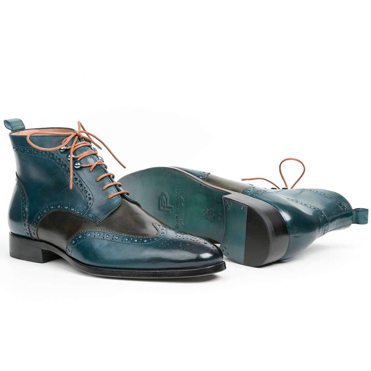 Paul Parkman Men's Green and Blue Calf-Skin Leather Wing Tip Ankle Boots PT777GRN (PM6139)